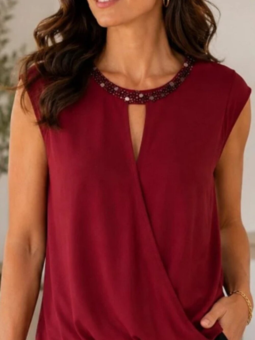 Ro & De Burgundy Beaded Neck Sleeveless Top